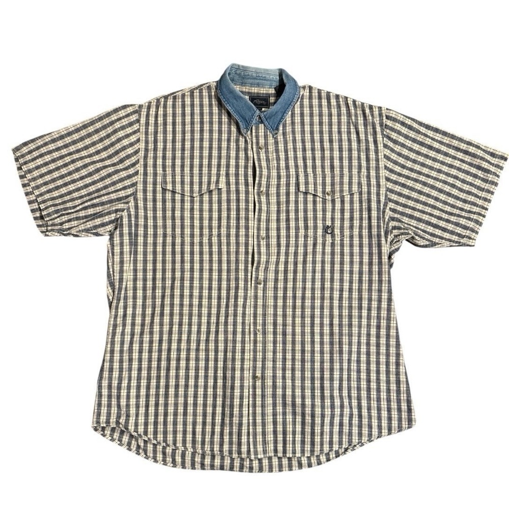 Vintage Roper Men's Short Sleeve Plaid Button Up Denim Collar 100% Cotton 2XL